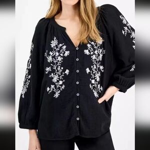 Style & Co Women's Black Long Slv Blouse Floral Embroidered Petite XL Co
